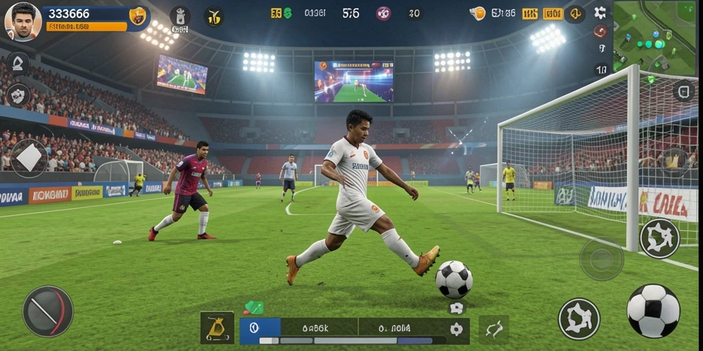 Screenshot permainan 333666 yang menampilkan aksi di lapangan sepak bola.