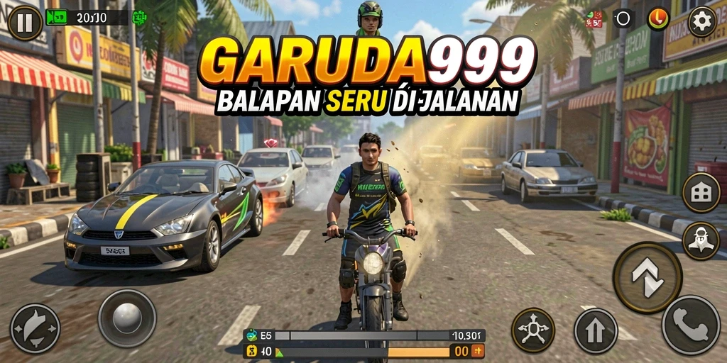 Screenshot utama GARUDA999 menunjukkan aksi balapan yang mendebarkan.