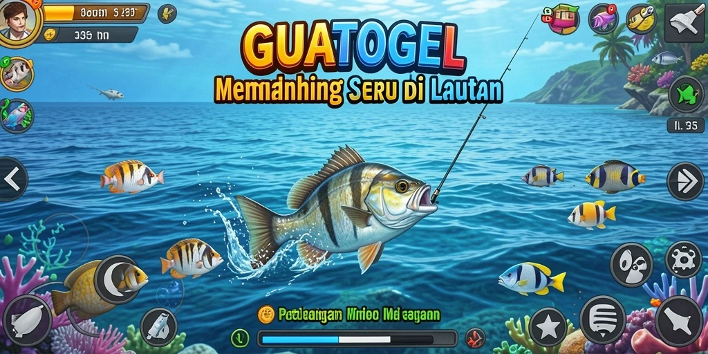 Screenshot gameplay GUATOGEL menampilkan aktivitas memancing yang realistis.