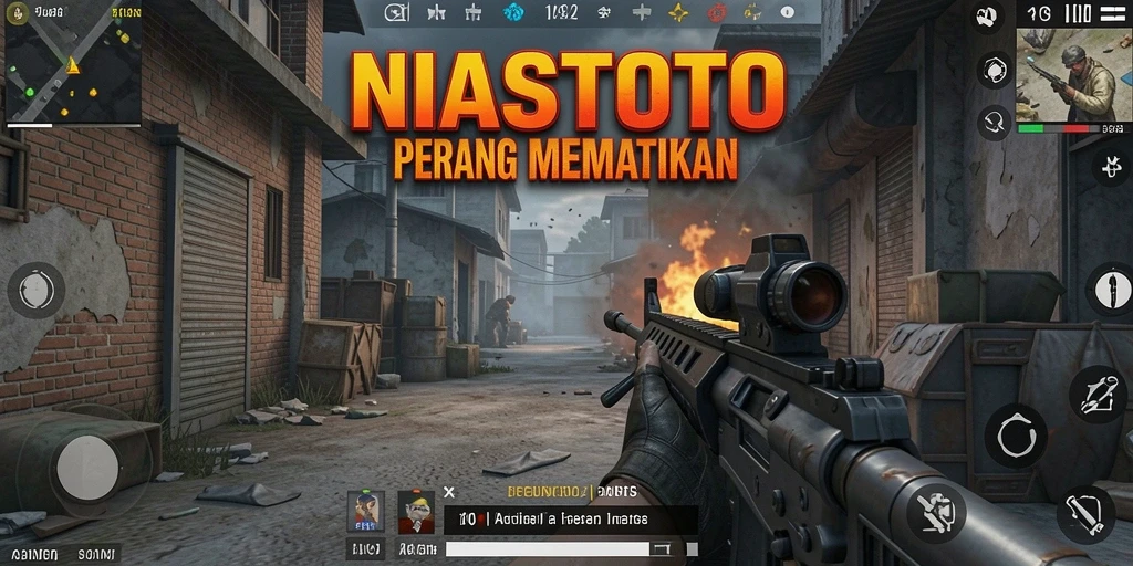 Screenshot NIASTOTO menampilkan aksi menegangkan dalam pertempuran FPS.
