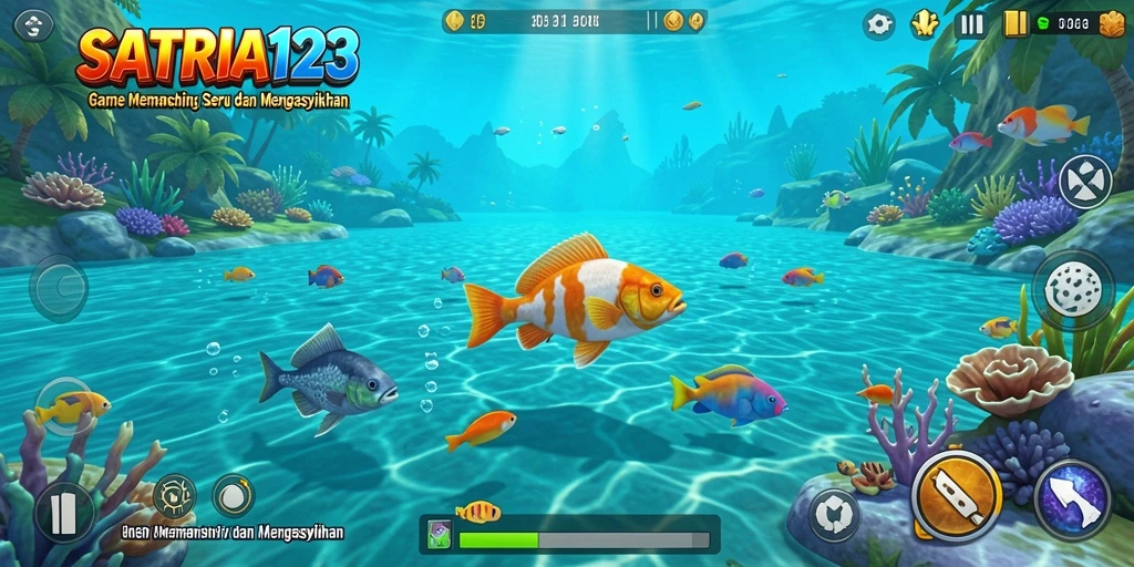 Tampilan gameplay SATRIA123 yang penuh aksi saat menangkap ikan.